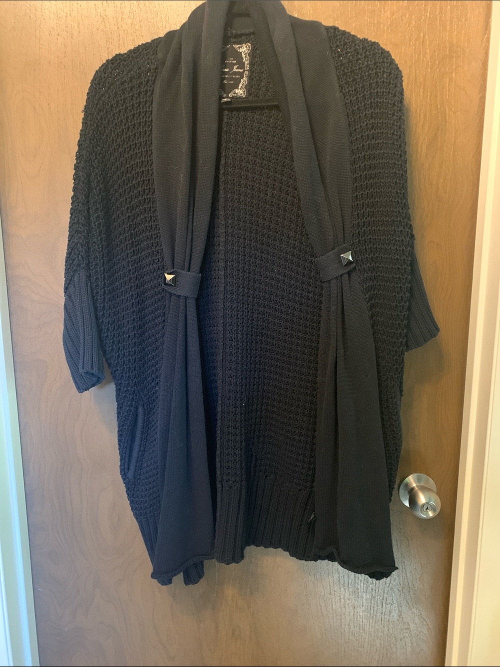 Guess Black Open Knit Draped Cardigan with Scarf Detail